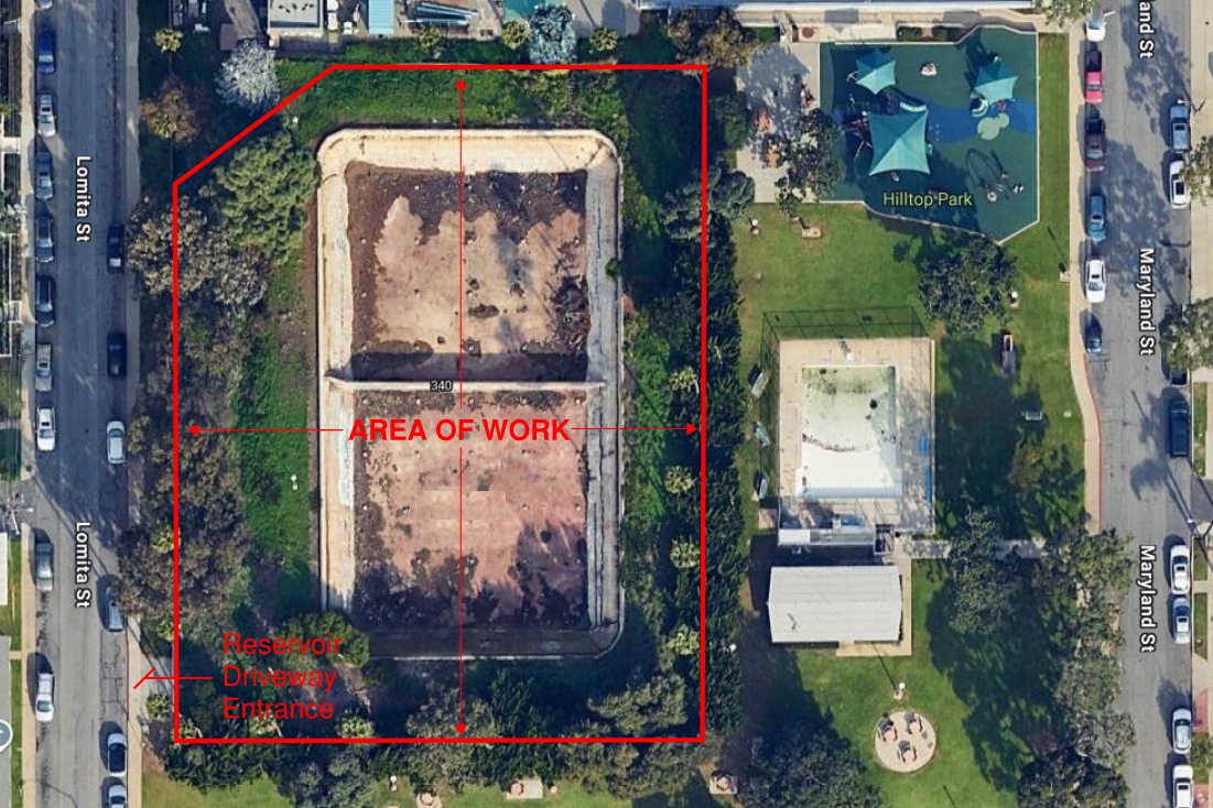 A City of El Segundo site plan for the reservoir demolition. A red outline marks the area of work over the emptied reservoir, which sits between Lomita Street and Maryland Street with Hilltop Park and its playground immediately to the east.