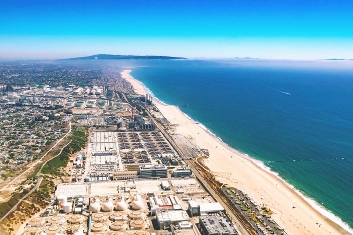 Aerial view of the Hyperion plant beside the El Segundo coastline